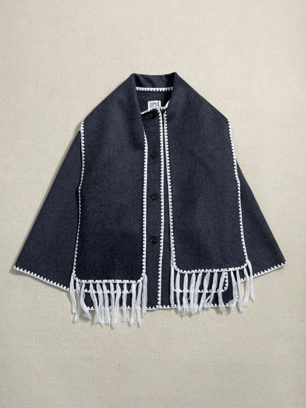 Scarf Jacket- Embroidered Wool Scarf Fringe Coat Jacket- Charcoal grey- Pekosa Women Clothing