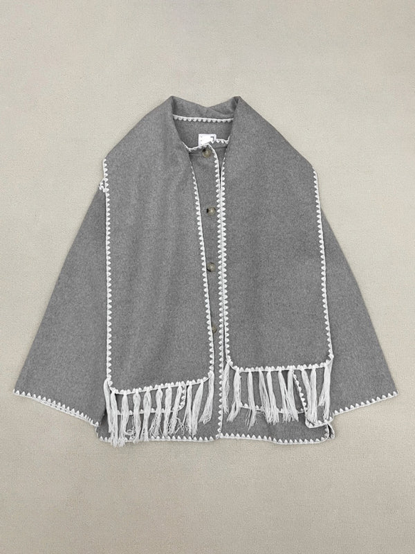 Scarf Jacket- Embroidered Wool Scarf Fringe Coat Jacket- - Pekosa Women Clothing