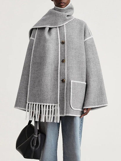 Scarf Jacket- Embroidered Wool Scarf Fringe Coat Jacket- Misty grey- Pekosa Women Clothing