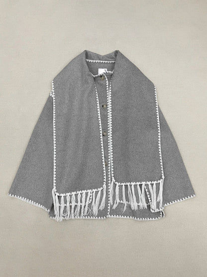 Scarf Jacket- Embroidered Wool Scarf Fringe Coat Jacket- - Pekosa Women Clothing