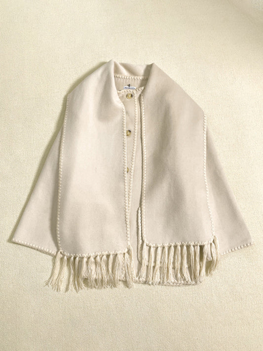 Scarf Jacket- Embroidered Wool Scarf Fringe Coat Jacket- Cream- Pekosa Women Clothing