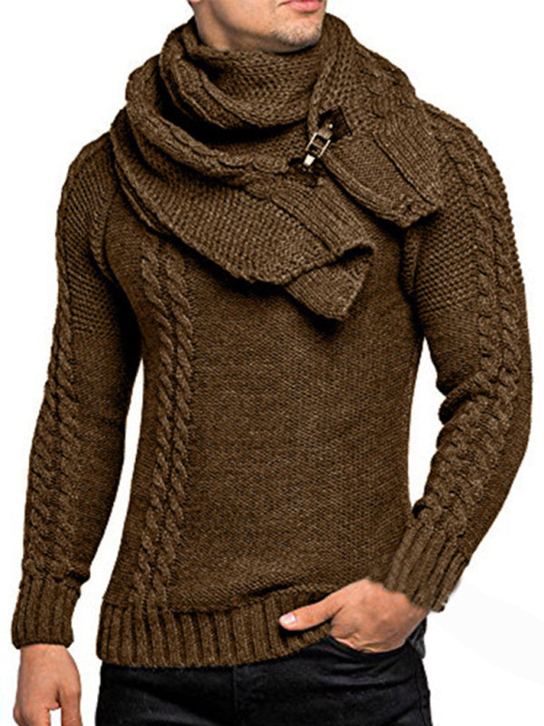 Scarf Sweaters- Men's Cable Knitting Sweater with Detachable Scarf- Brown- Pekosa Women Clothing