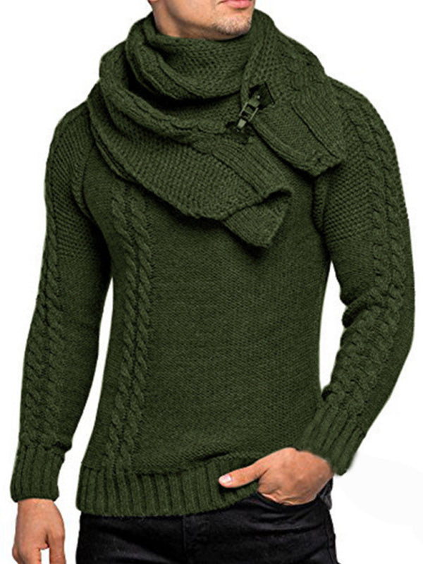 Scarf Sweaters- Men's Cable Knitting Sweater with Detachable Scarf- Olive green- Pekosa Women Clothing