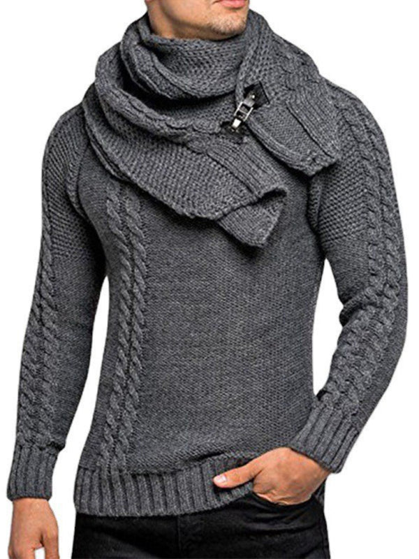 Scarf Sweaters- Men's Cable Knitting Sweater with Detachable Scarf- Charcoal grey- Pekosa Women Clothing