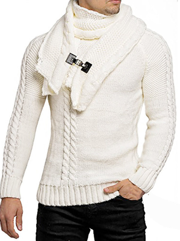 Scarf Sweaters- Men's Cable Knitting Sweater with Detachable Scarf- White- Pekosa Women Clothing