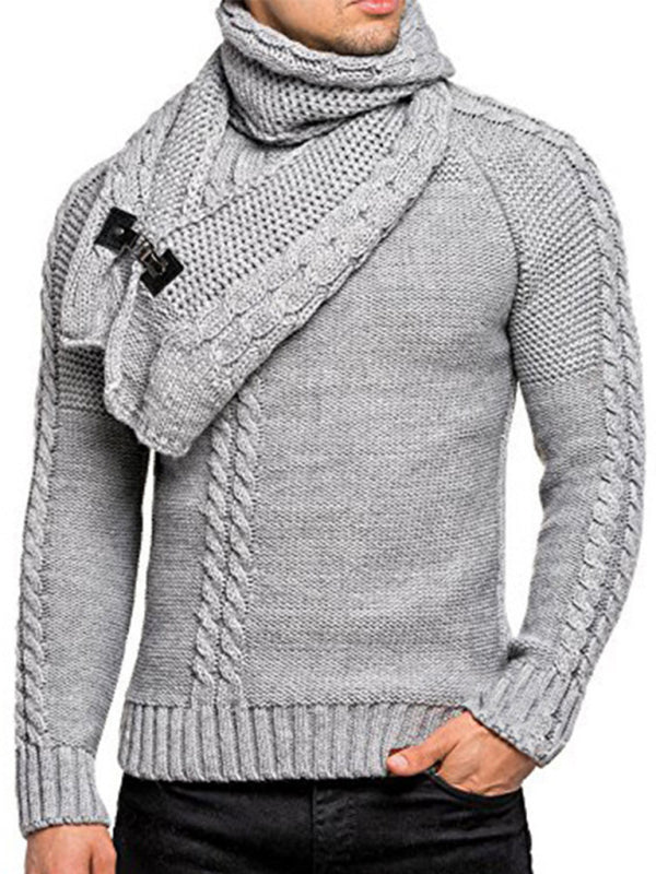 Scarf Sweaters- Men's Cable Knitting Sweater with Detachable Scarf- Grey- Pekosa Women Clothing