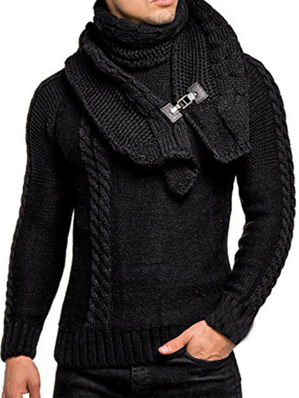 Scarf Sweaters- Men's Cable Knitting Sweater with Detachable Scarf- Black- Pekosa Women Clothing