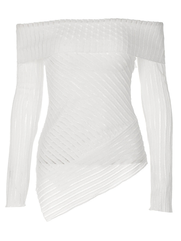 See-Through Tops- Off-The-Shoulder Long Sleeve Asymmetric See-Through Top- - Pekosa Women Clothing