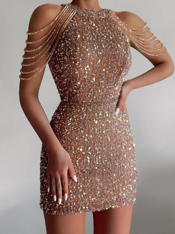 Sequined Dresses- Elegant Sequined Chain Off Shoulders Bodycon Mini Dress- Pink- Pekosa Women Clothing