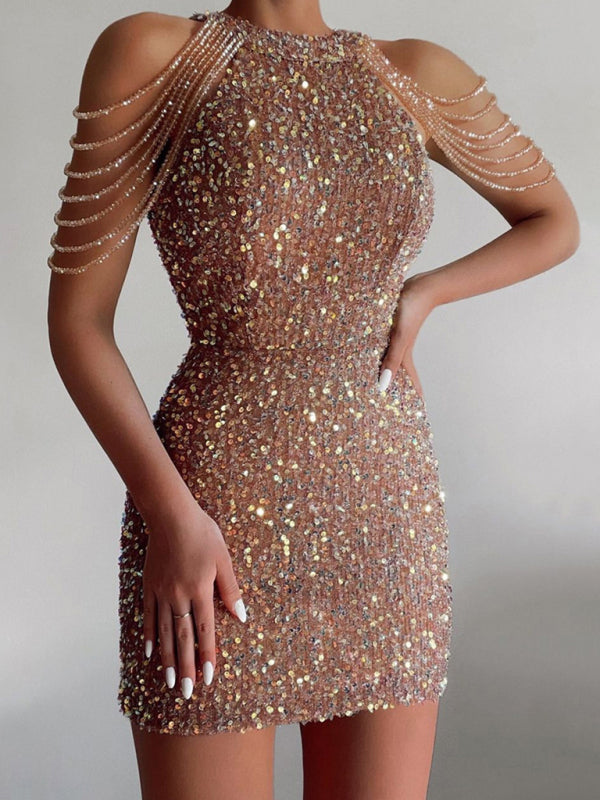 Sequined Dresses- Elegant Sequined Chain Off Shoulders Bodycon Mini Dress- - Pekosa Women Clothing