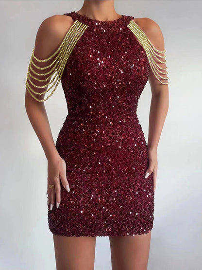 Sequined Dresses- Elegant Sequined Chain Off Shoulders Bodycon Mini Dress- Wine Red- Pekosa Women Clothing