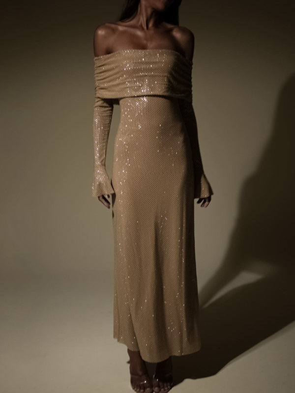 Sequined Dresses- Elegant Sparkle with Long Sleeves Off-The-Shoulder Sequin Maxi Dress- Khaki- Pekosa Women Clothing