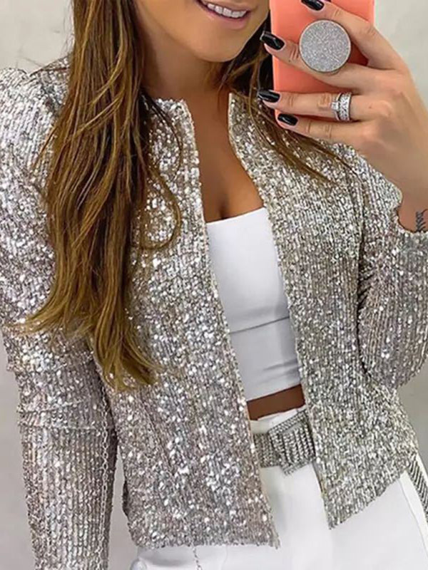 Sequined Jackets- Sequined Puff Sleeve Open Front Jacket- Silver grey- Pekosa Women Clothing