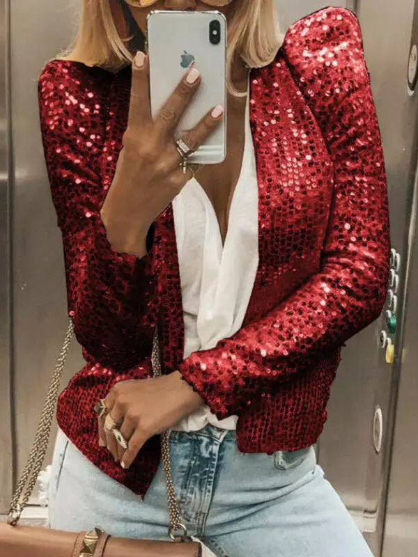 Sequined Jackets- Sequined Puff Sleeve Open Front Jacket- Red- Pekosa Women Clothing