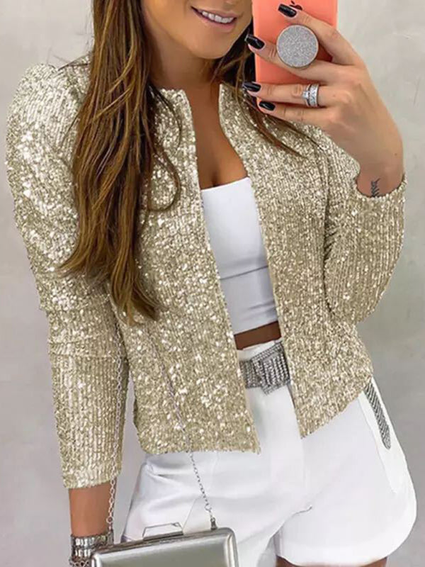 Sequined Jackets- Sequined Puff Sleeve Open Front Jacket- Yellow- Pekosa Women Clothing