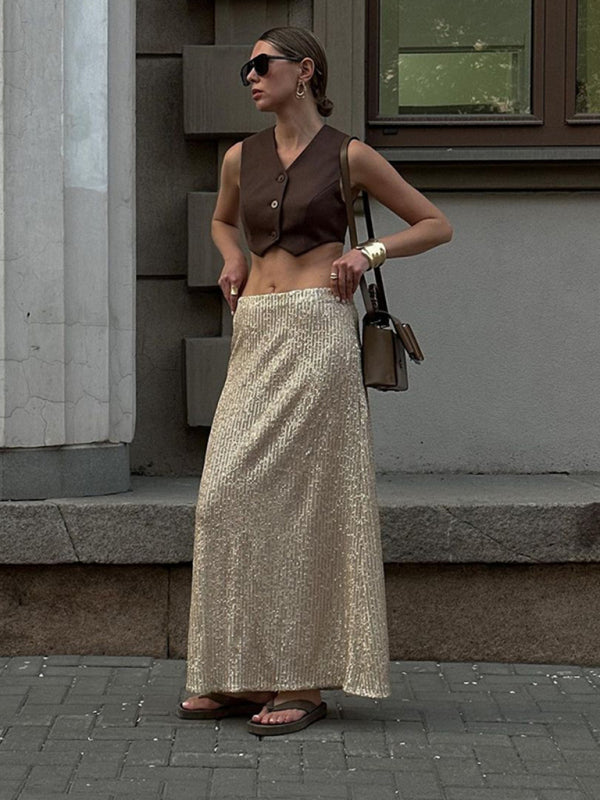 Sequined Skirt- Glitter Sequined Long Skirt- - Pekosa Women Clothing