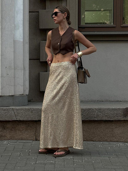 Sequined Skirt- Glitter Sequined Long Skirt- - Pekosa Women Clothing