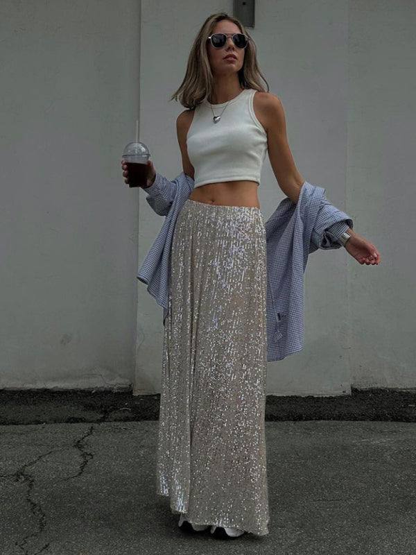 Sequined Skirt- Glitter Sequined Long Skirt- - Pekosa Women Clothing