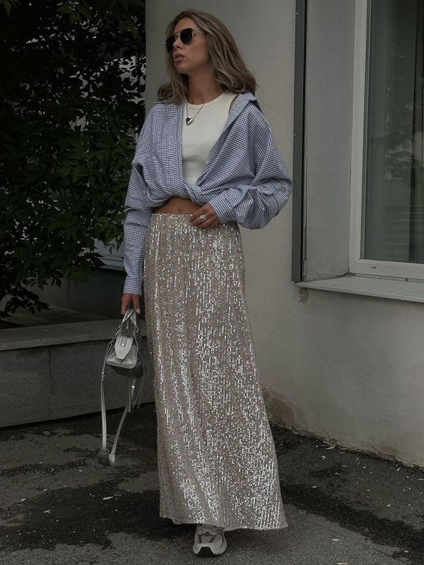 Sequined Skirt- Glitter Sequined Long Skirt- - Pekosa Women Clothing