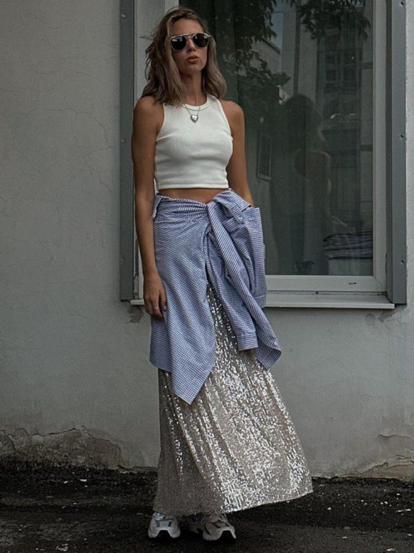 Sequined Skirt- Glitter Sequined Long Skirt- - Pekosa Women Clothing