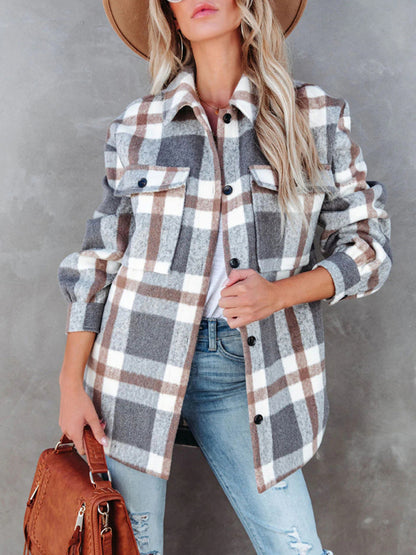 Shackets- Autumn Shacket Bushed Flannel Plaid Mid-Length Shirt Jacket- caramel- Pekosa Women Clothing