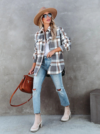 Shackets- Autumn Shacket Bushed Flannel Plaid Mid-Length Shirt Jacket- - Pekosa Women Clothing