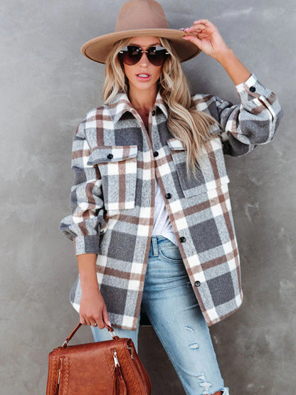 Shackets- Autumn Shacket Bushed Flannel Plaid Mid-Length Shirt Jacket- - Pekosa Women Clothing