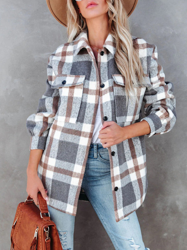 Shackets- Autumn Shacket Bushed Flannel Plaid Mid-Length Shirt Jacket- - Pekosa Women Clothing