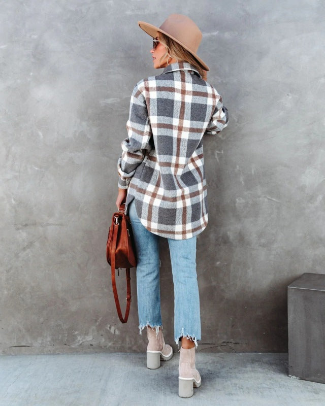 Shackets- Autumn Shacket Bushed Flannel Plaid Mid-Length Shirt Jacket- - Pekosa Women Clothing