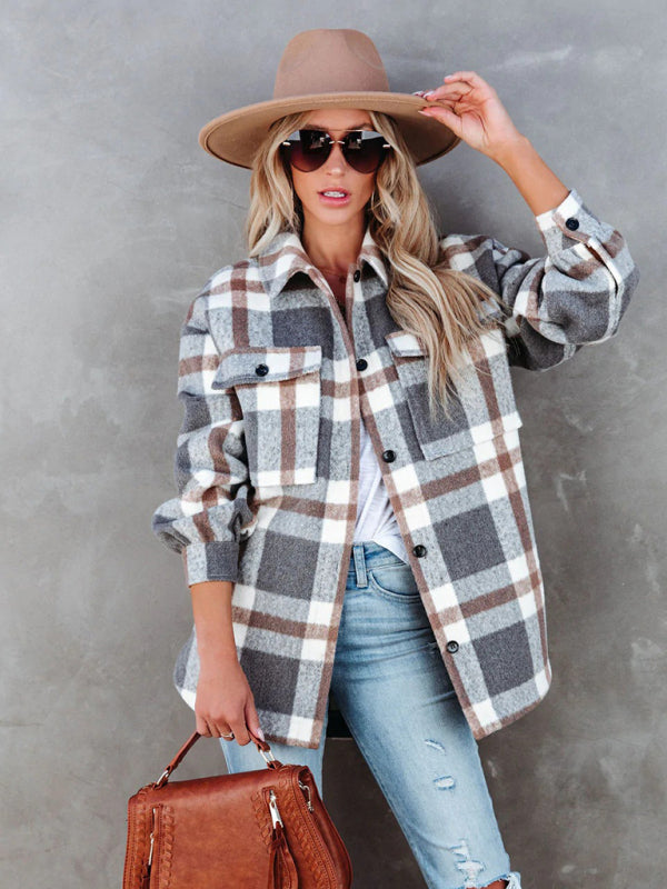 Shackets- Autumn Shacket Bushed Flannel Plaid Mid-Length Shirt Jacket- - Pekosa Women Clothing