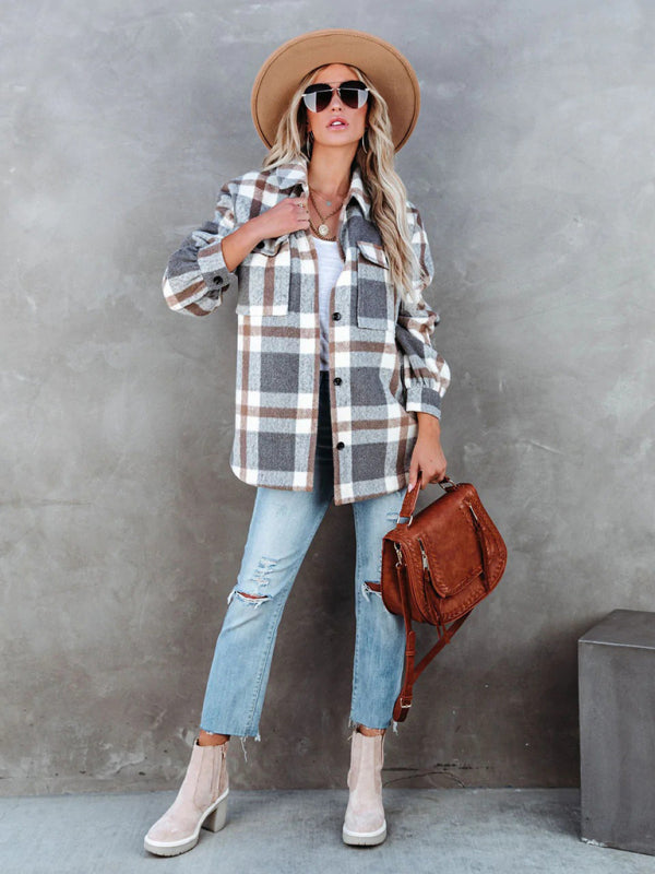 Shackets- Autumn Shacket Bushed Flannel Plaid Mid-Length Shirt Jacket- - Pekosa Women Clothing