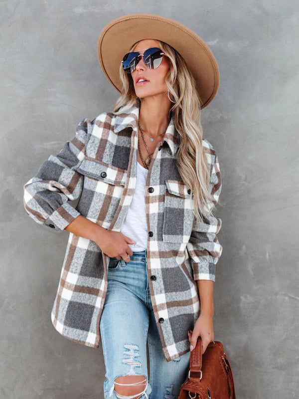 Shackets- Autumn Shacket Bushed Flannel Plaid Mid-Length Shirt Jacket- - Pekosa Women Clothing