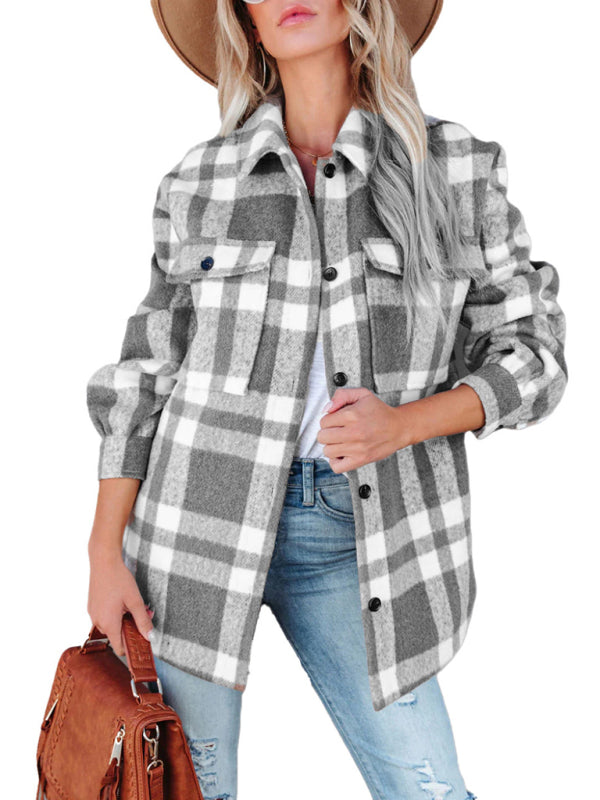 Shackets- Autumn Shacket Bushed Flannel Plaid Mid-Length Shirt Jacket- Grey- Pekosa Women Clothing