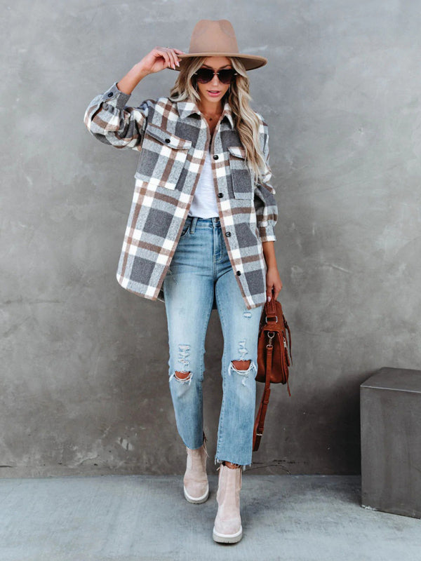 Shackets- Autumn Shacket Bushed Flannel Plaid Mid-Length Shirt Jacket- - Pekosa Women Clothing