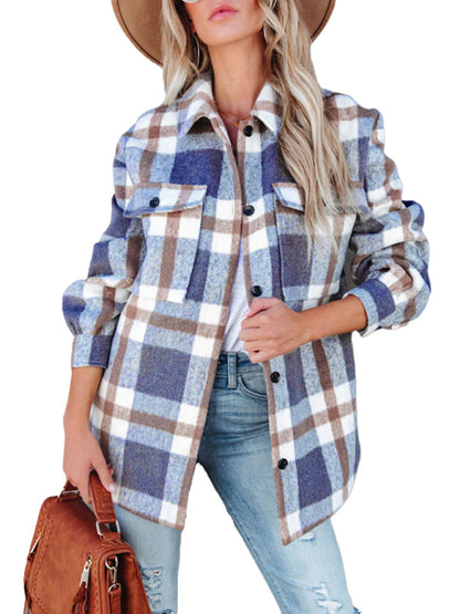 Shackets- Autumn Shacket Bushed Flannel Plaid Mid-Length Shirt Jacket- Blue- Pekosa Women Clothing