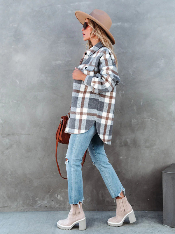 Shackets- Autumn Shacket Bushed Flannel Plaid Mid-Length Shirt Jacket- - Pekosa Women Clothing