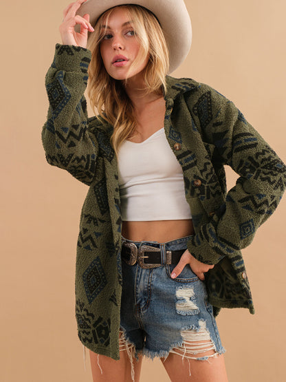 Shackets- Aztec Print Button-Up Collared Fleece Shacket for Chilly Nights- Olive green- Pekosa Women Clothing