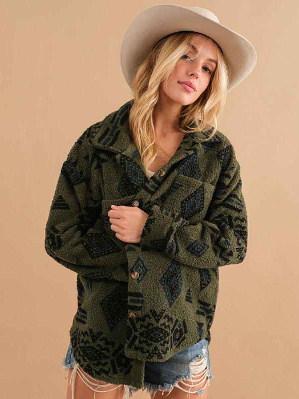 Shackets- Aztec Print Button-Up Collared Fleece Shacket for Chilly Nights- - Pekosa Women Clothing