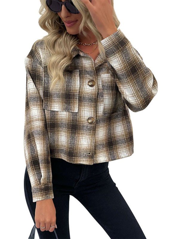 Shackets- Comfy Shirt Crop Shacket - Checked Jacket with Patch Pockets- - Pekosa Women Clothing