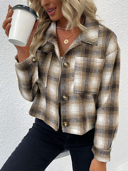 Shackets- Comfy Shirt Crop Shacket - Checked Jacket with Patch Pockets- - Pekosa Women Clothing