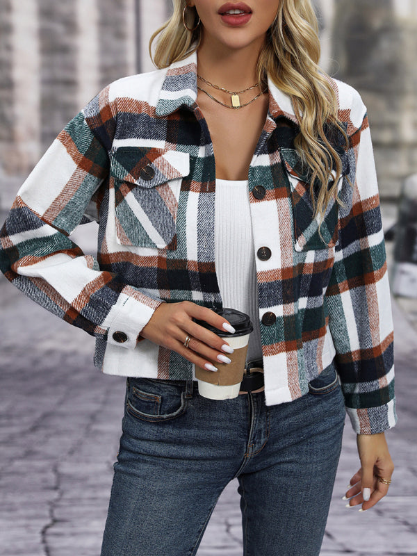 Shackets- Cozy Plaid Crop Shirt Jacket - The Shacket- Pattern1- Pekosa Women Clothing