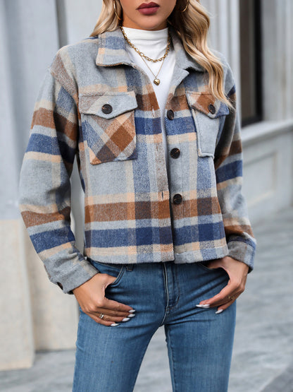 Shackets- Cozy Plaid Crop Shirt Jacket - The Shacket- Pattern2- Pekosa Women Clothing