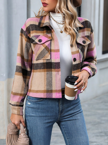 Shackets- Cozy Plaid Crop Shirt Jacket - The Shacket- - Pekosa Women Clothing