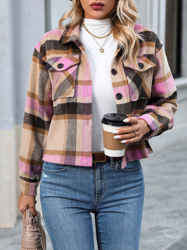 Shackets- Cozy Plaid Crop Shirt Jacket - The Shacket- - Pekosa Women Clothing