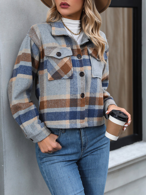 Shackets- Cozy Plaid Crop Shirt Jacket - The Shacket- - Pekosa Women Clothing