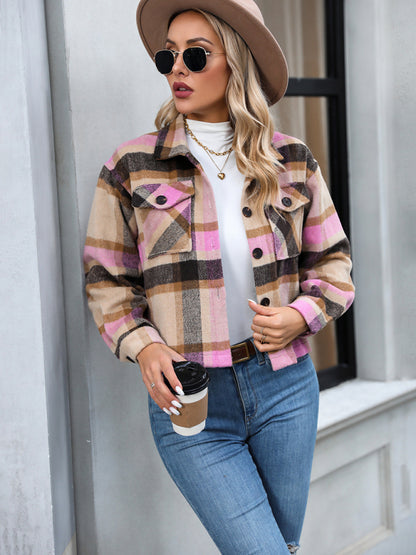 Shackets- Cozy Plaid Crop Shirt Jacket - The Shacket- - Pekosa Women Clothing