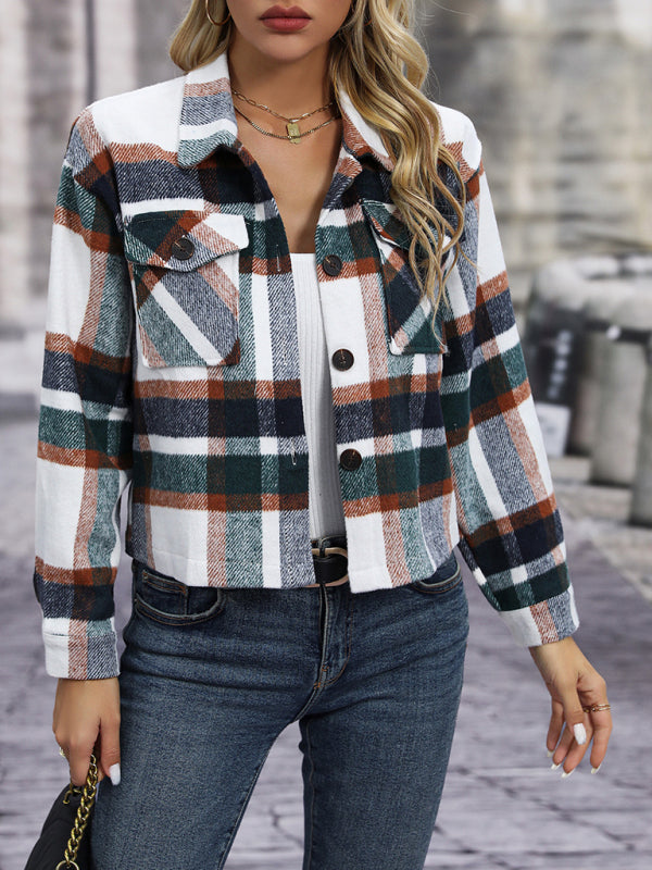 Shackets- Cozy Plaid Crop Shirt Jacket - The Shacket- - Pekosa Women Clothing