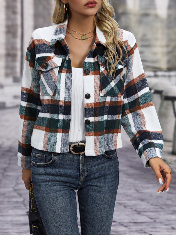 Shackets- Cozy Plaid Crop Shirt Jacket - The Shacket- - Pekosa Women Clothing