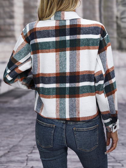 Shackets- Cozy Plaid Crop Shirt Jacket - The Shacket- - Pekosa Women Clothing