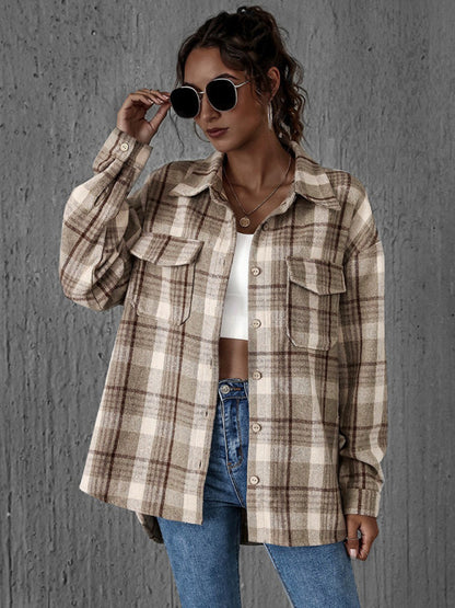 Shackets- Oversized Casual Warm Tan Plaid Shacket Flannel Shirt Jacket- Khaki- Pekosa Women Clothing